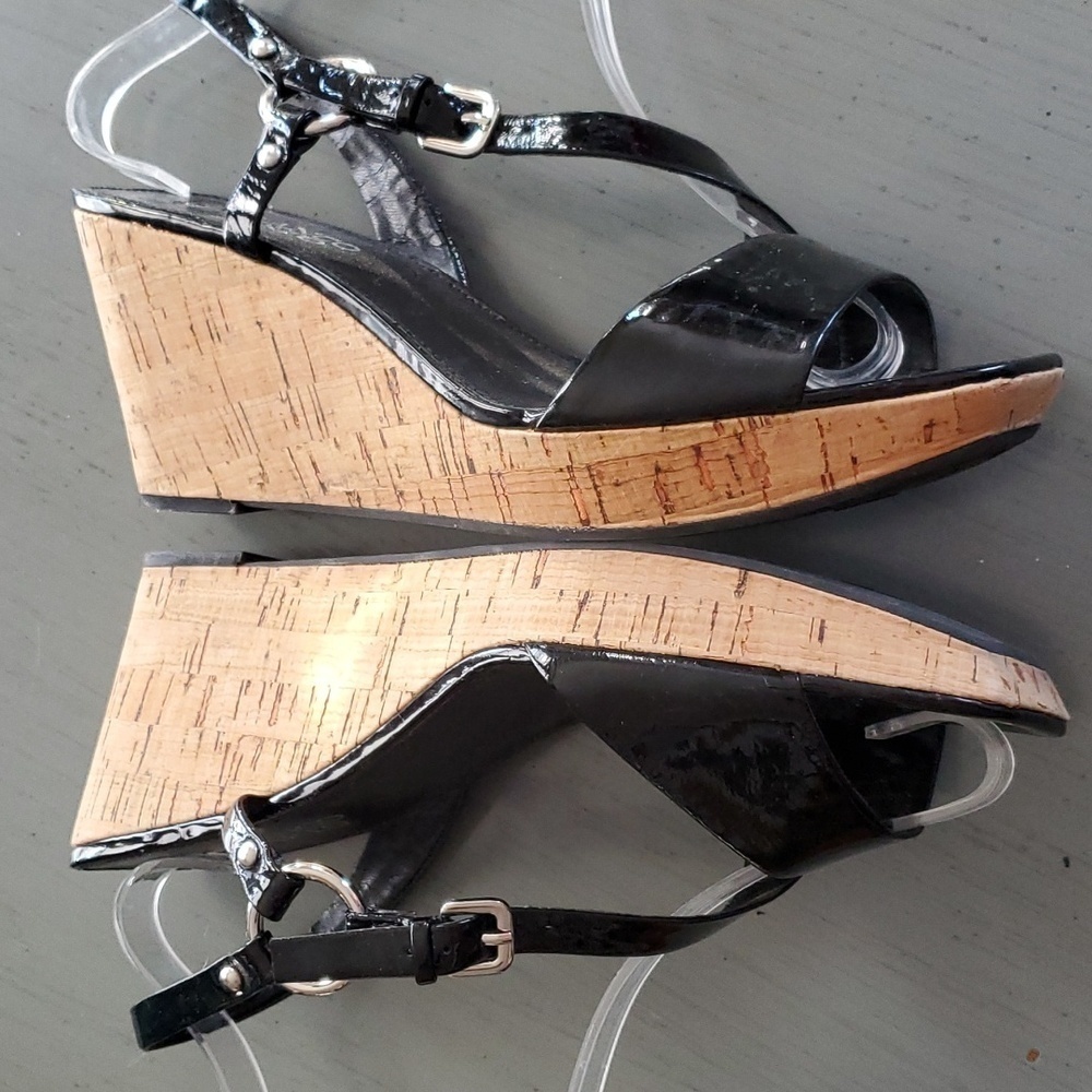 Franco Sarto|Womens Black/ Cork Strappy Wedge Sandal Heels Evening Office Sz.8